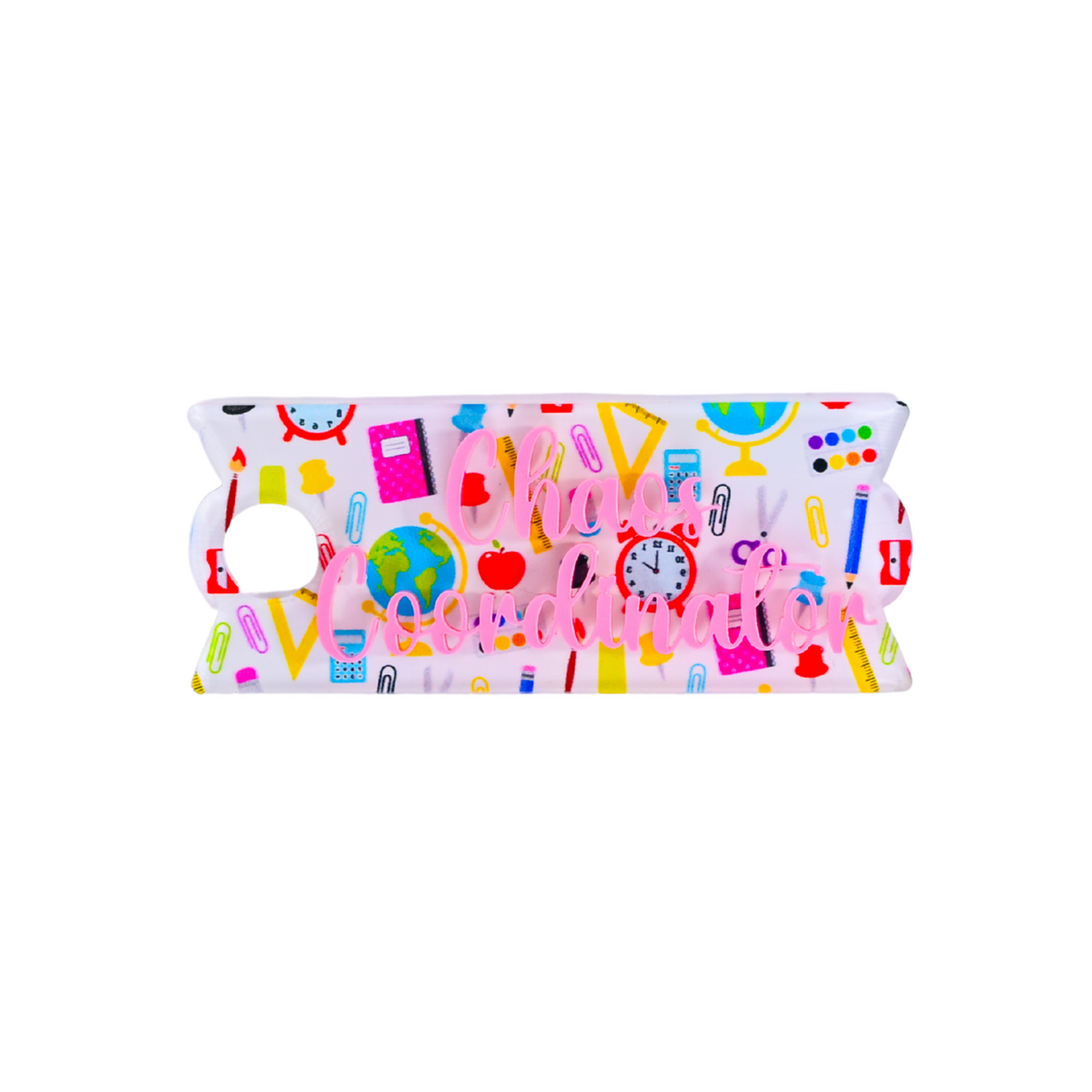 Topper Tag school supplies for Stanley Quencher showing custom name tag attachment that reads "Chaos Coordinator"