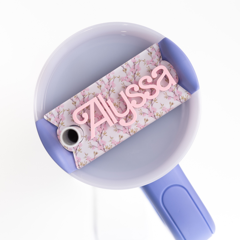 Topper Tag cherry blossoms design for Stanley Quencher showing custom name tag attachment