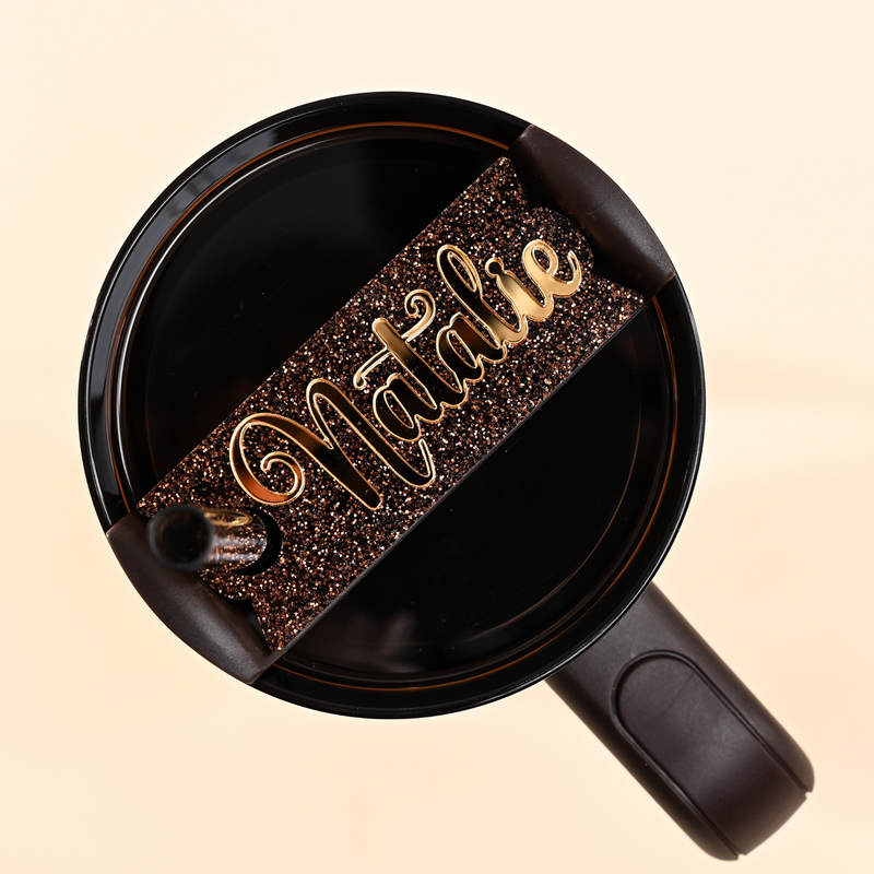 Topper Tag Perfect Pair showing cocoa glitter and gold mirror coordinated luxury set for Stanley chocolate gold Quencher