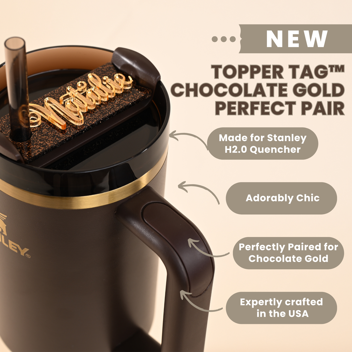 Topper Tag Perfect Pair showing cocoa glitter and gold mirror coordinated luxury set for Stanley chocolate gold Quencher