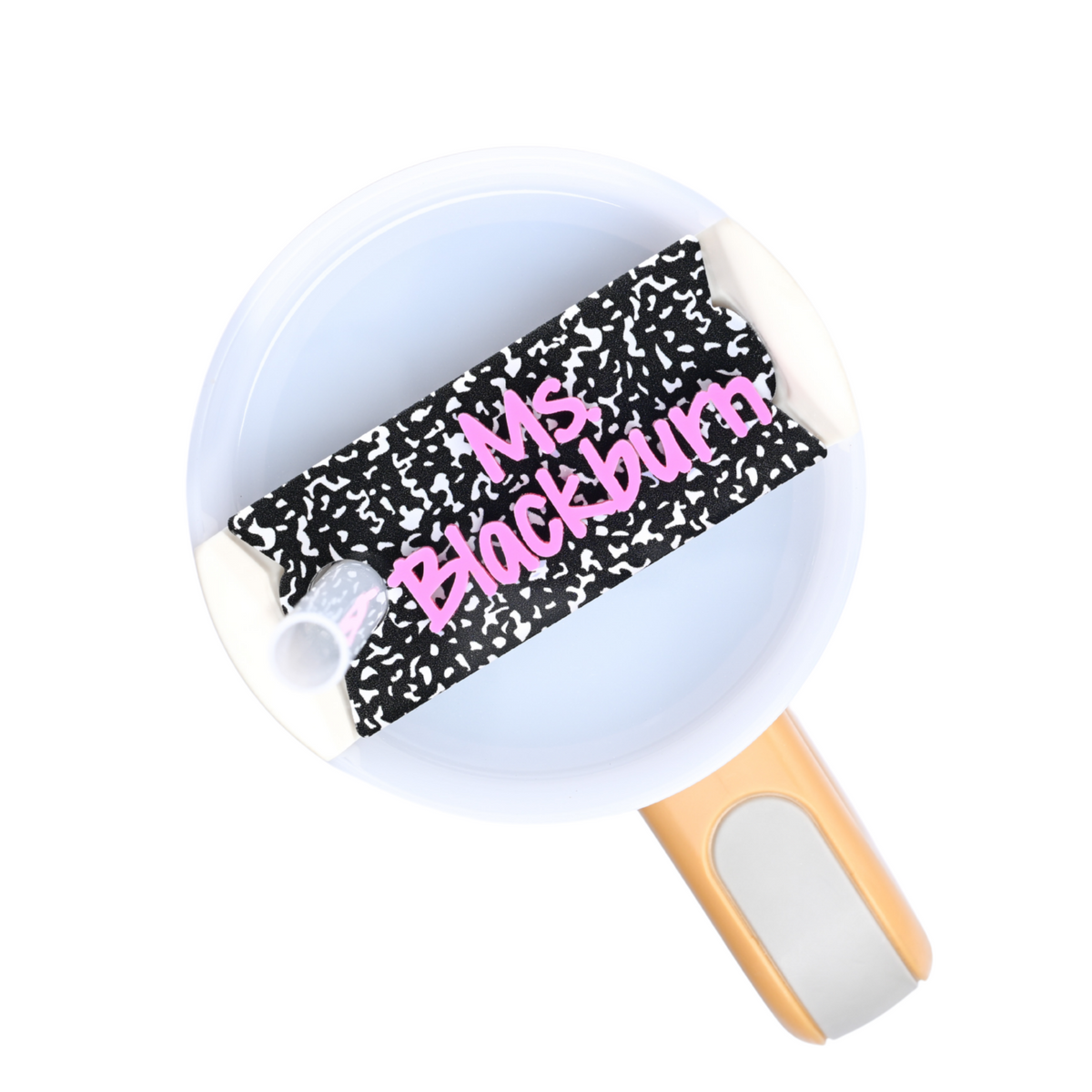 Topper Tag composition book for Stanley Quencher showing custom name tag attachment that reads "Ms. Blackburn"