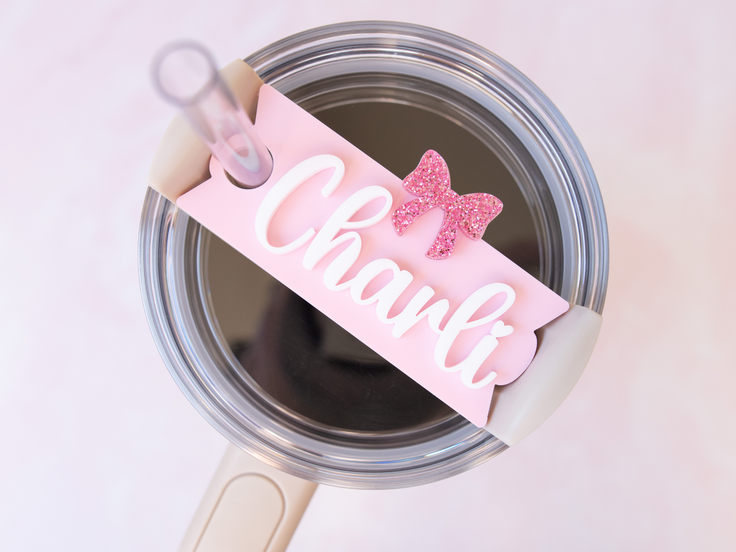 Topper Tags for Stanley Quencher showing custom name tag attachments