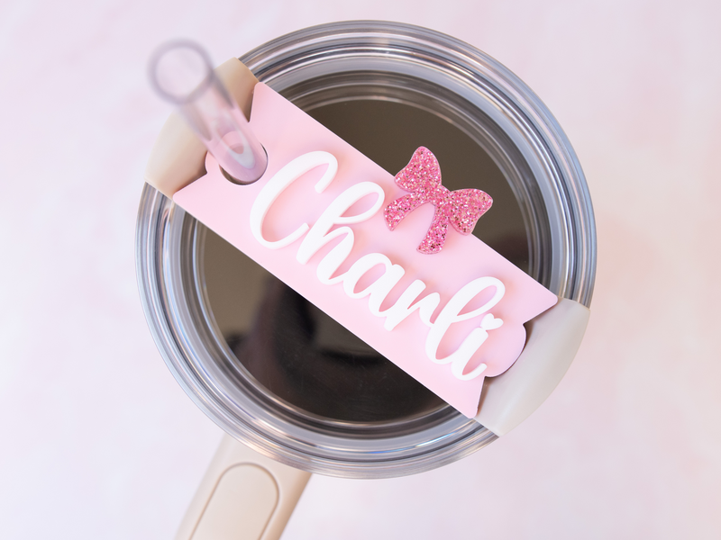 Topper Tags for Stanley Quencher showing custom name tag attachments