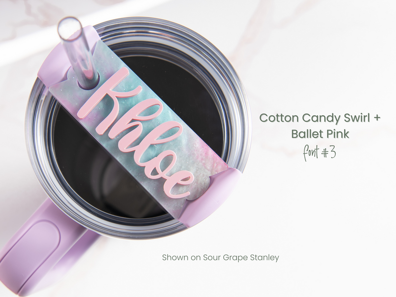 Topper Tags for Stanley Quencher showing custom name tag attachments