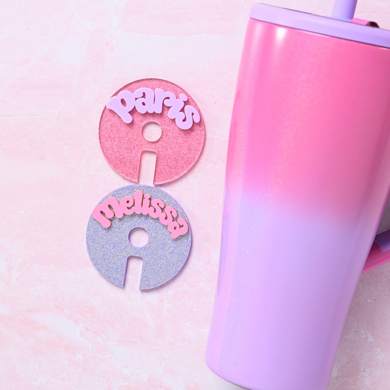 Lilac glitter and pink shimmer Topper Tag coordinating perfectly with Cotton Candy Brumate showing magical sparkle finish