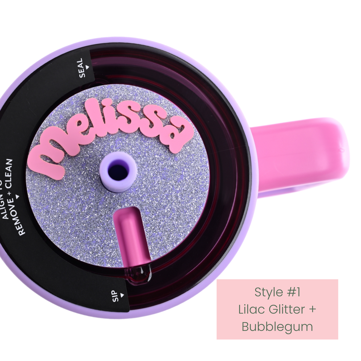 Lilac glitter Topper Tag coordinating perfectly with Cotton Candy Brumate showing magical sparkle finish