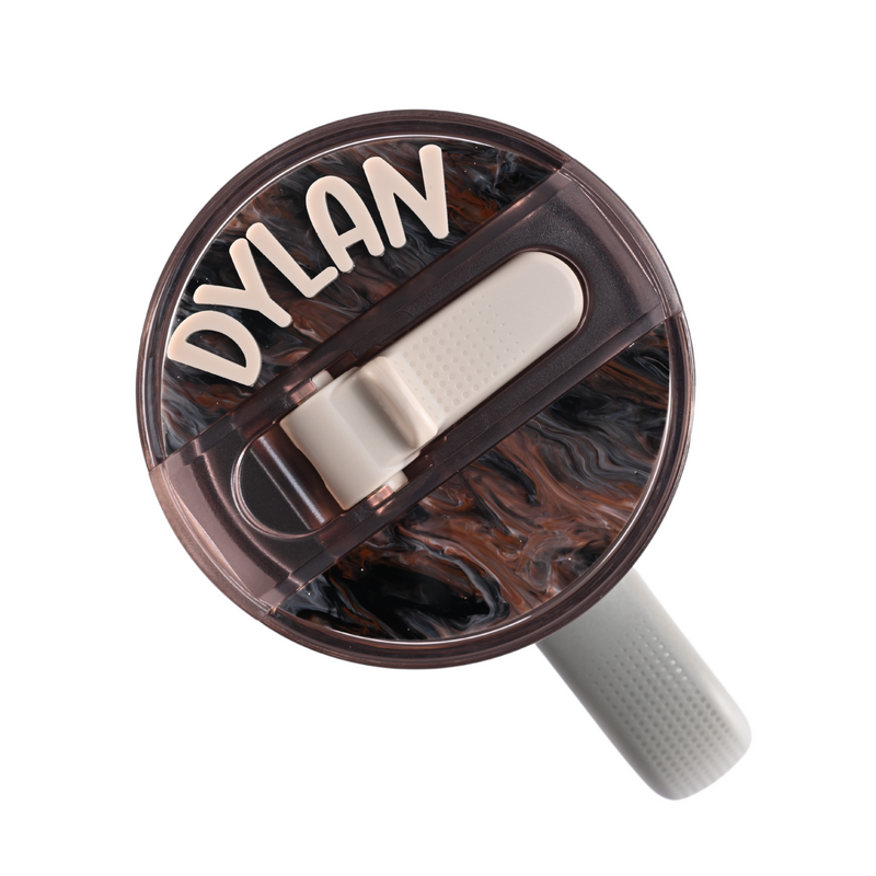 Topper Tag mocha swirl design for Stanley ProTour showing custom name attachment