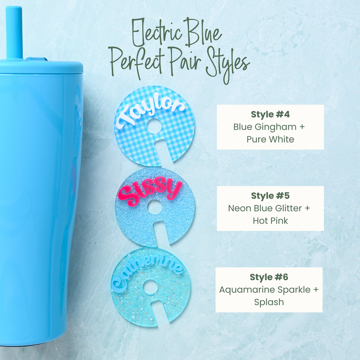 Topper Tag aquamarine sparkle, neon blue glitter, blue gingham coordinating with electric blue Brumate showing perfect color match