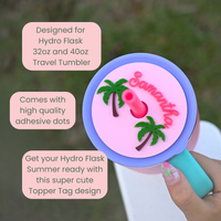 Topper Tag ballet pink Palm Beach tropical palm tree design for Hydro Flask showing custom name personalization
