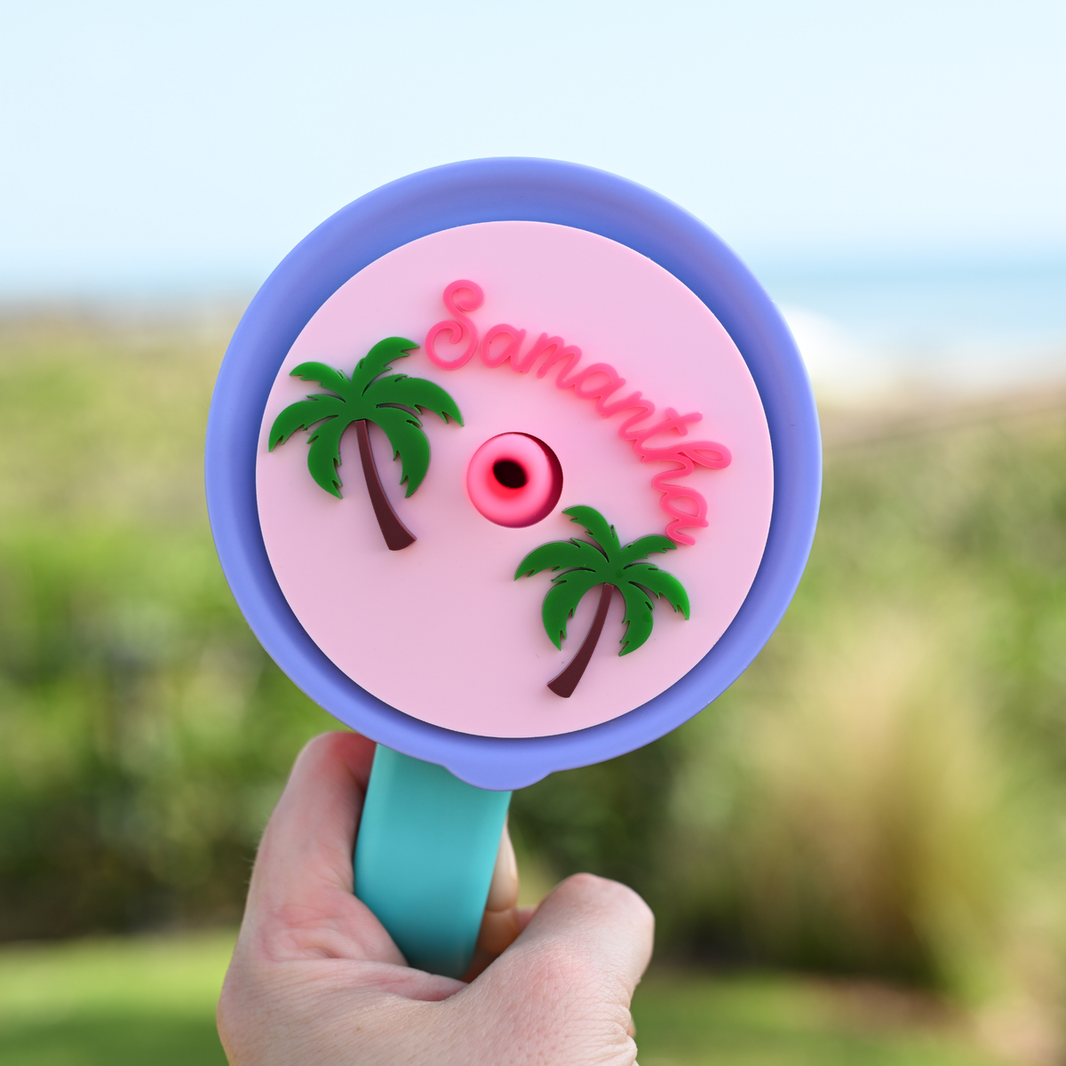 Topper Tag ballet pink Palm Beach tropical palm tree design for Hydro Flask showing custom name personalization