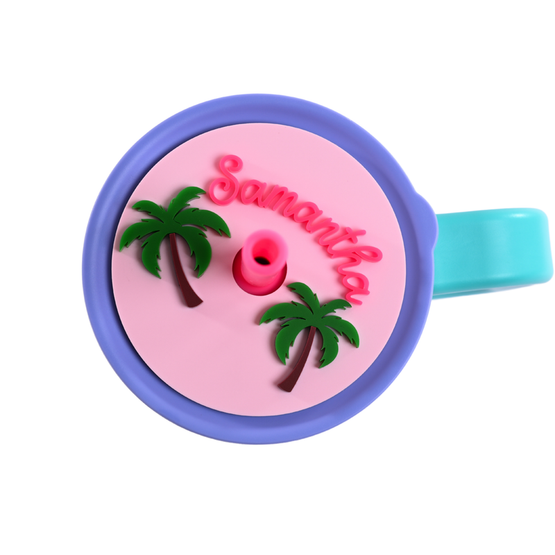 Topper Tag ballet pink Palm Beach tropical palm tree design for Hydro Flask showing custom name personalization