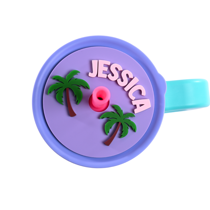 Topper Tag grape Palm Beach tropical palm tree design for Hydro Flask showing custom name personalization