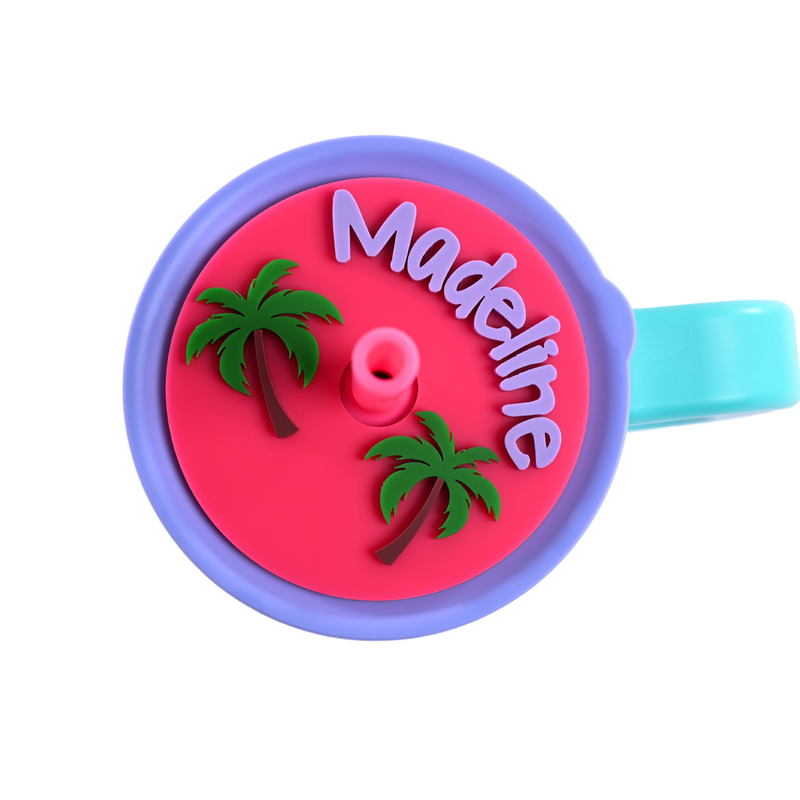 Topper Tag hot pink Palm Beach tropical palm tree design for Hydro Flask showing custom name personalization