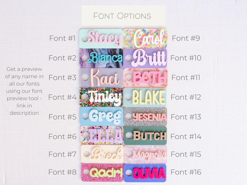 A collection of personalized tumbler charms in various colors and with different names printed on them, attached to a keychain ring.