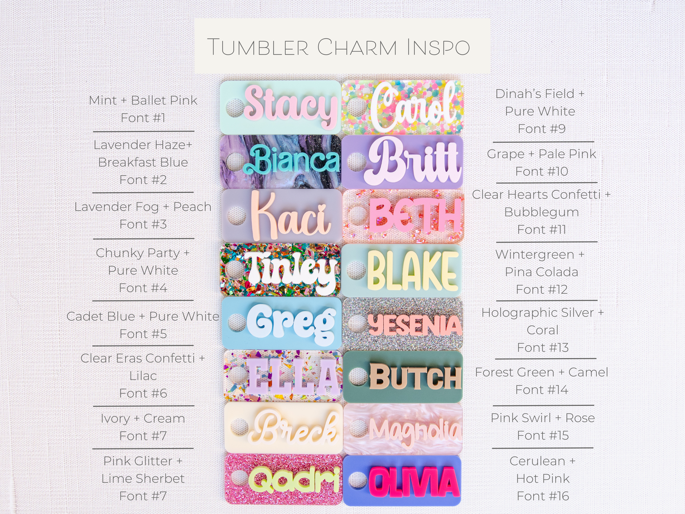 A collection of personalized tumbler charms in various colors and with different names printed on them, attached to a keychain ring.