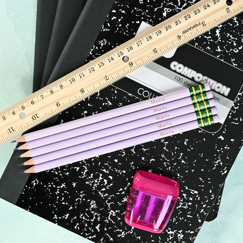 Lilac personalized pencils showing custom name stamping in metallic foil