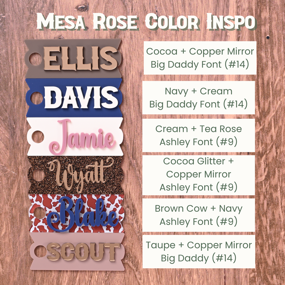 brown cow, mauve, cocoa glitter, white, navy, cocoa Topper Tags curated for Mesa Rose Stanley showing perfect desert luxury coordination