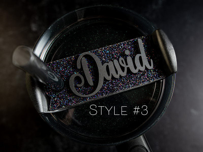 Topper Tag perfect pair Stanley Midnight Glitz Quencher showing custom name tag attachment