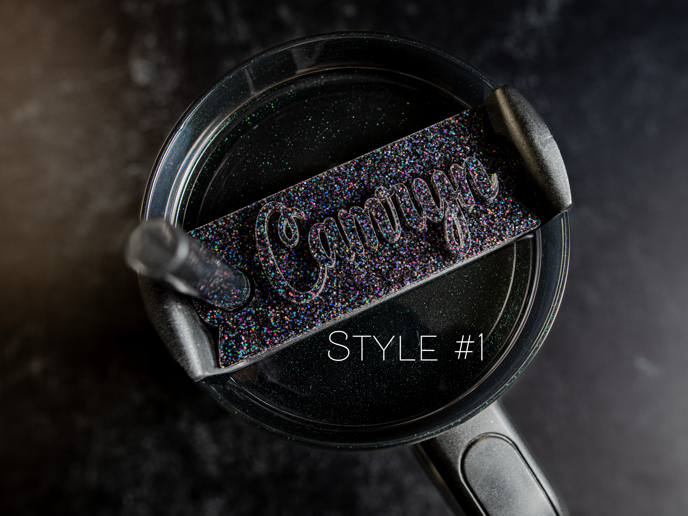 Topper Tag perfect pair Stanley Midnight Glitz Quencher showing custom name tag attachment