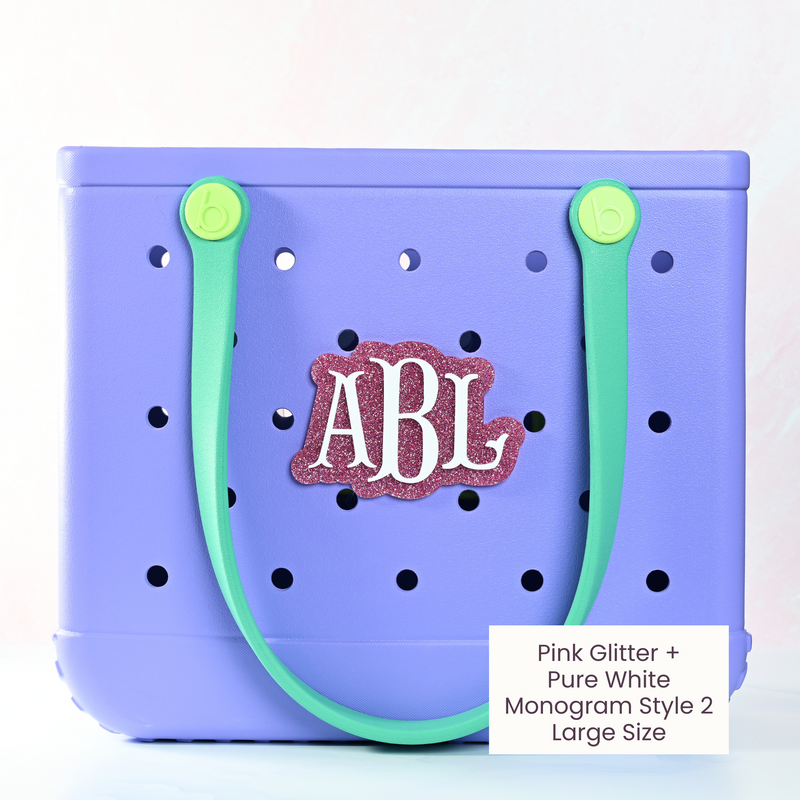 pink glitter Monogram boggy button Custom Tote Bag Charm attached to a bogg bag 