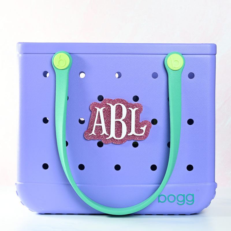 Pink glitter colored Monogram boggy button Custom Tote Bag Charm attached to a bogg bag 