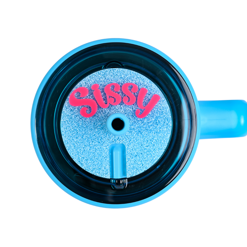 Topper Tag neon blue glitter coordinating with electric blue Brumate showing perfect color match