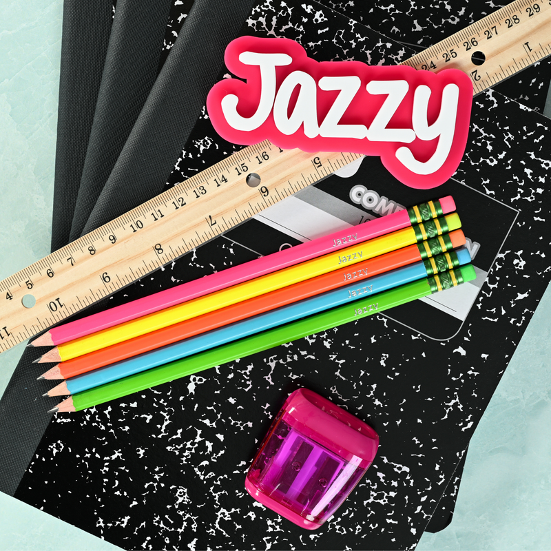 Neon personalized pencils showing custom name stamping in metallic foil