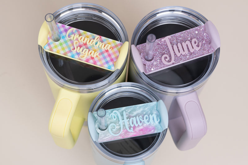 Topper Tag perfect pair Stanley aster Quencher showing custom name tag attachment