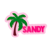 Boggy Button Palm Beach tropical design showing personalized text under palm tree in hot ballet pink