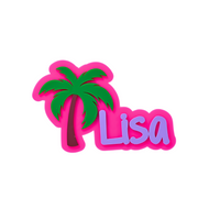 Boggy Button Palm Beach tropical design showing personalized text under palm tree in hot pink