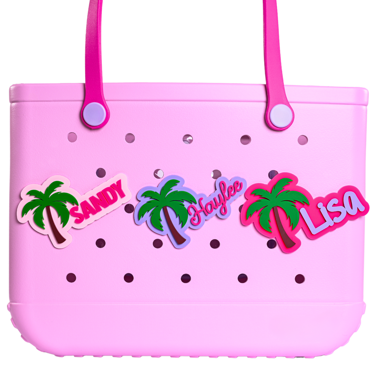 Boggy Button Palm Beach tropical design showing personalized text under palm tree in hot pink, ballet pink, grape