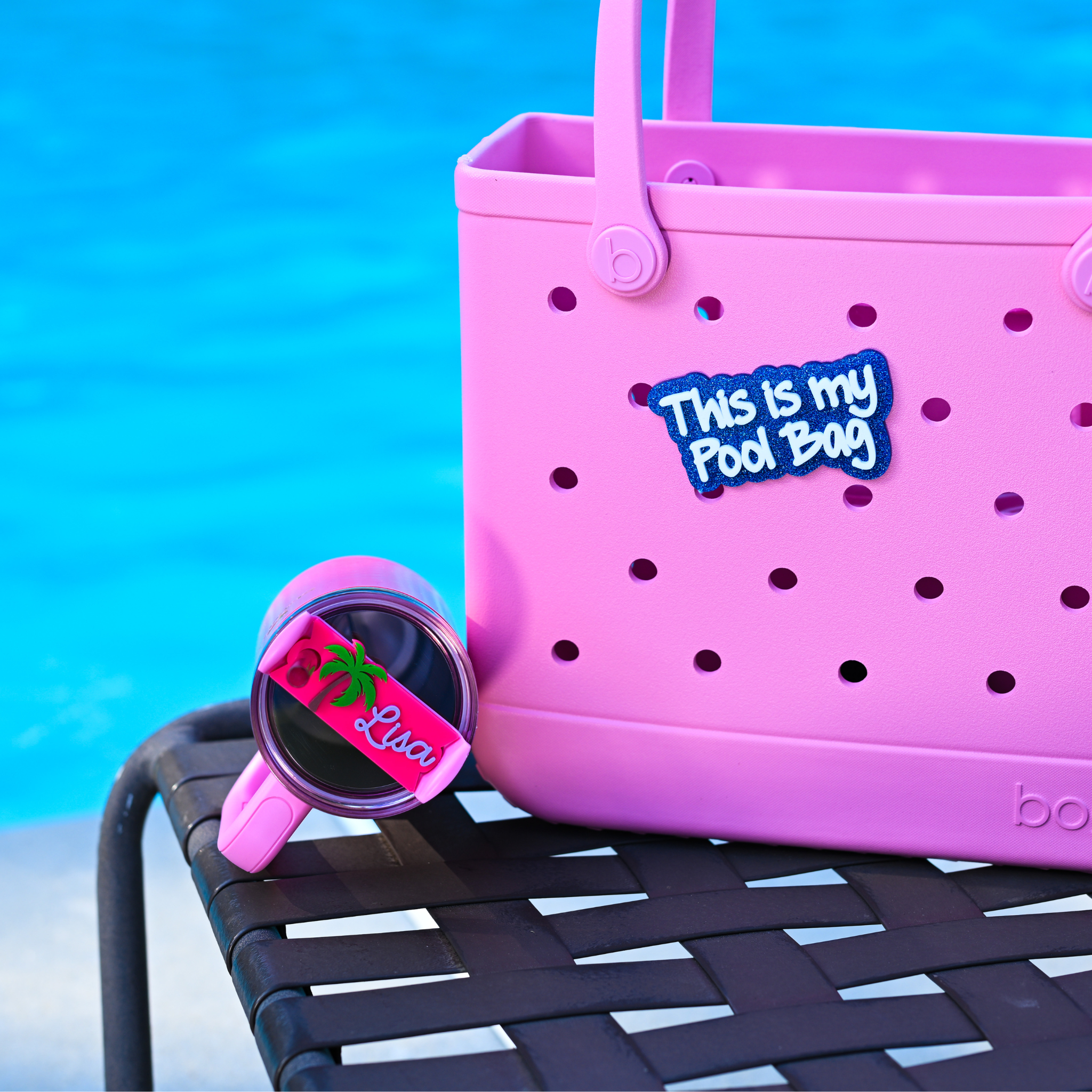Topper Tag hot pink Palm Beach tropical palm tree design for stanley quencher showing custom name personalization