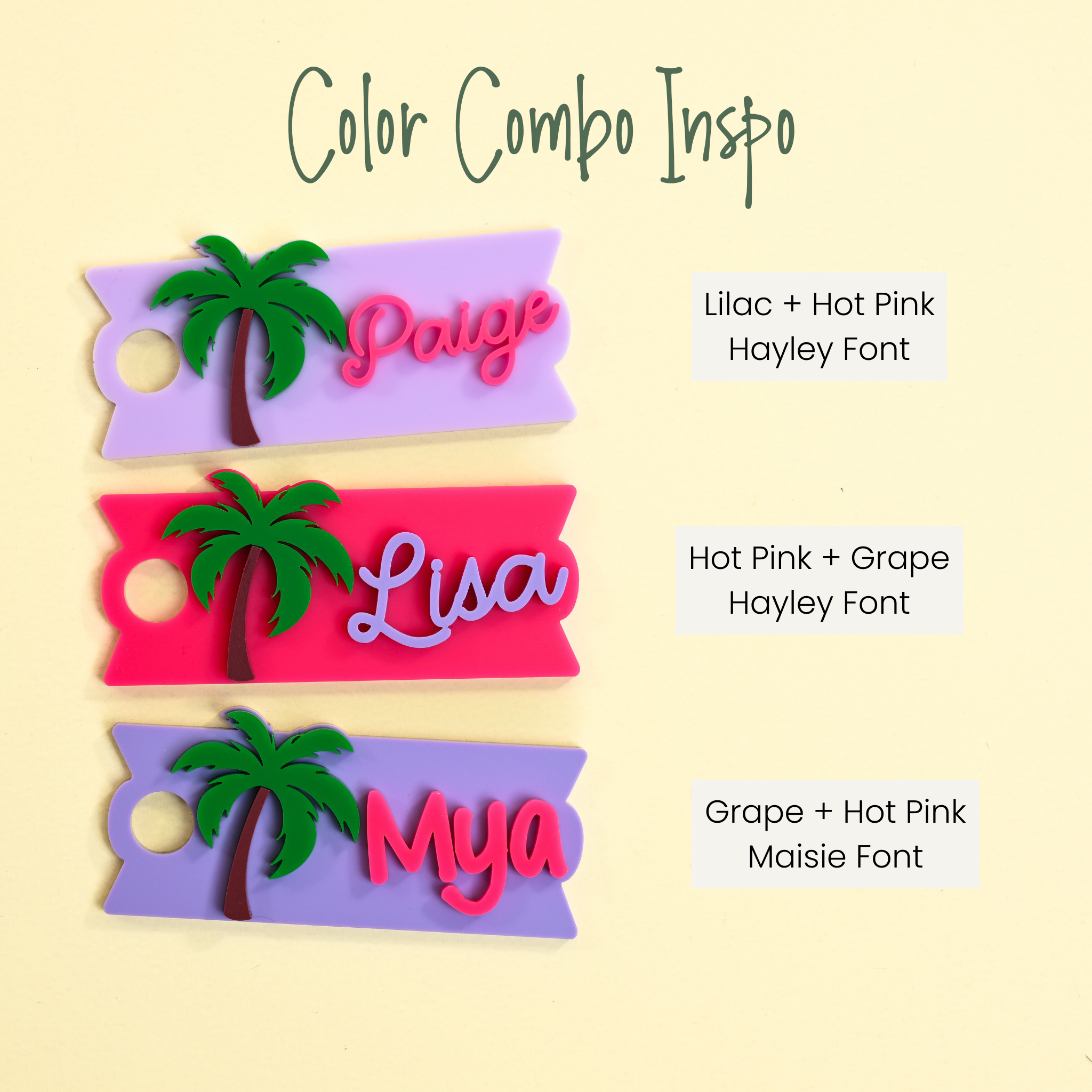 Topper Tag grape, hot pink, ballet pink Palm Beach tropical palm tree design for stanley quencher showing custom name personalization