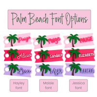 Palm tree-themed name tags with different font options in ballet pink, hot pink, grape