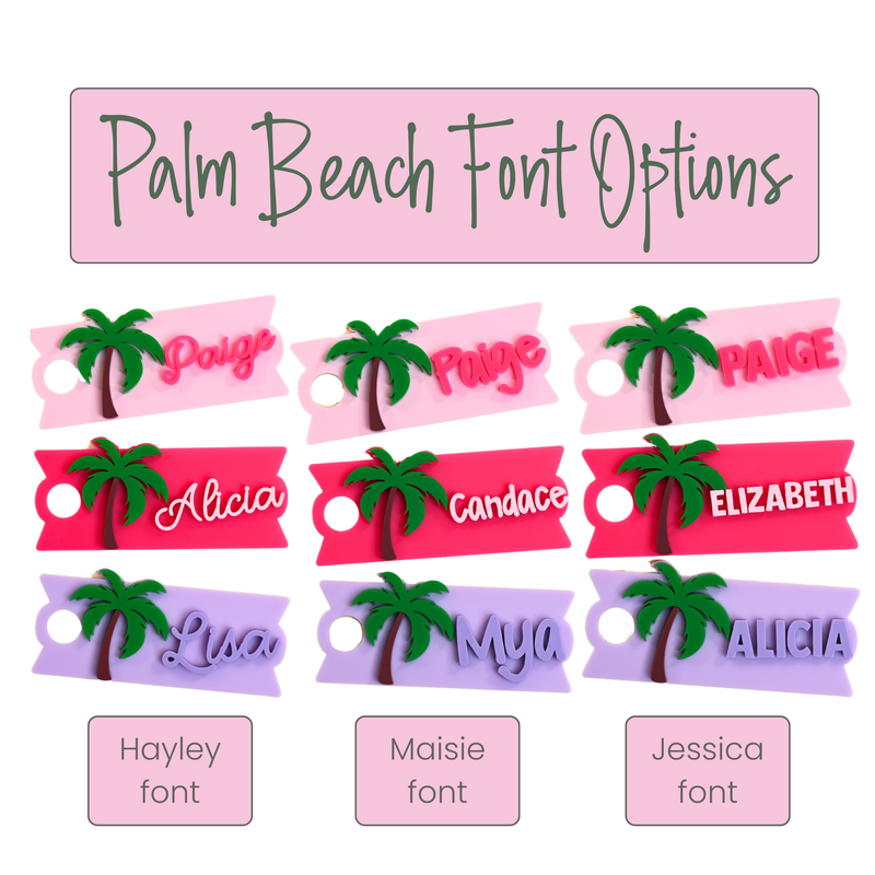 Palm tree-themed name tags with different font options in ballet pink, hot pink, grape