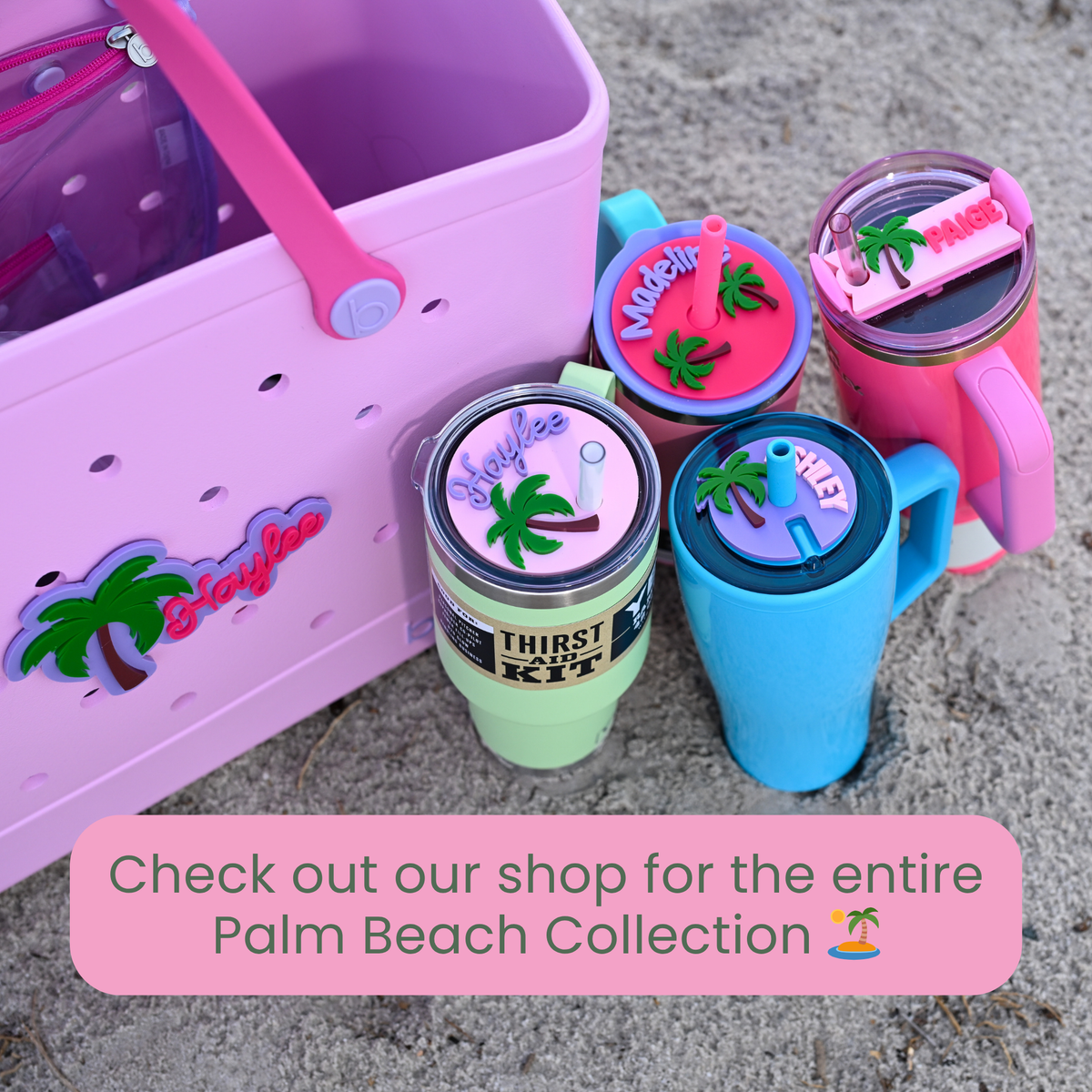 Topper Tag grape, hot pink, ballet pink Palm Beach tropical palm tree design for Yeti Rambler, Hydro Flask, Stanley Quencher, and Brumate showing custom name personalization