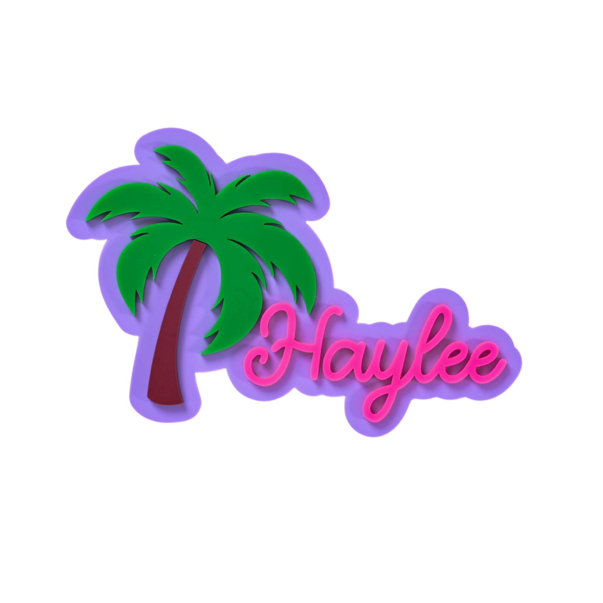 Boggy Button Palm Beach tropical design showing personalized text under palm tree in grape