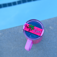 Topper Tag hot pink Palm Beach tropical palm tree design for stanley quencher showing custom name personalization