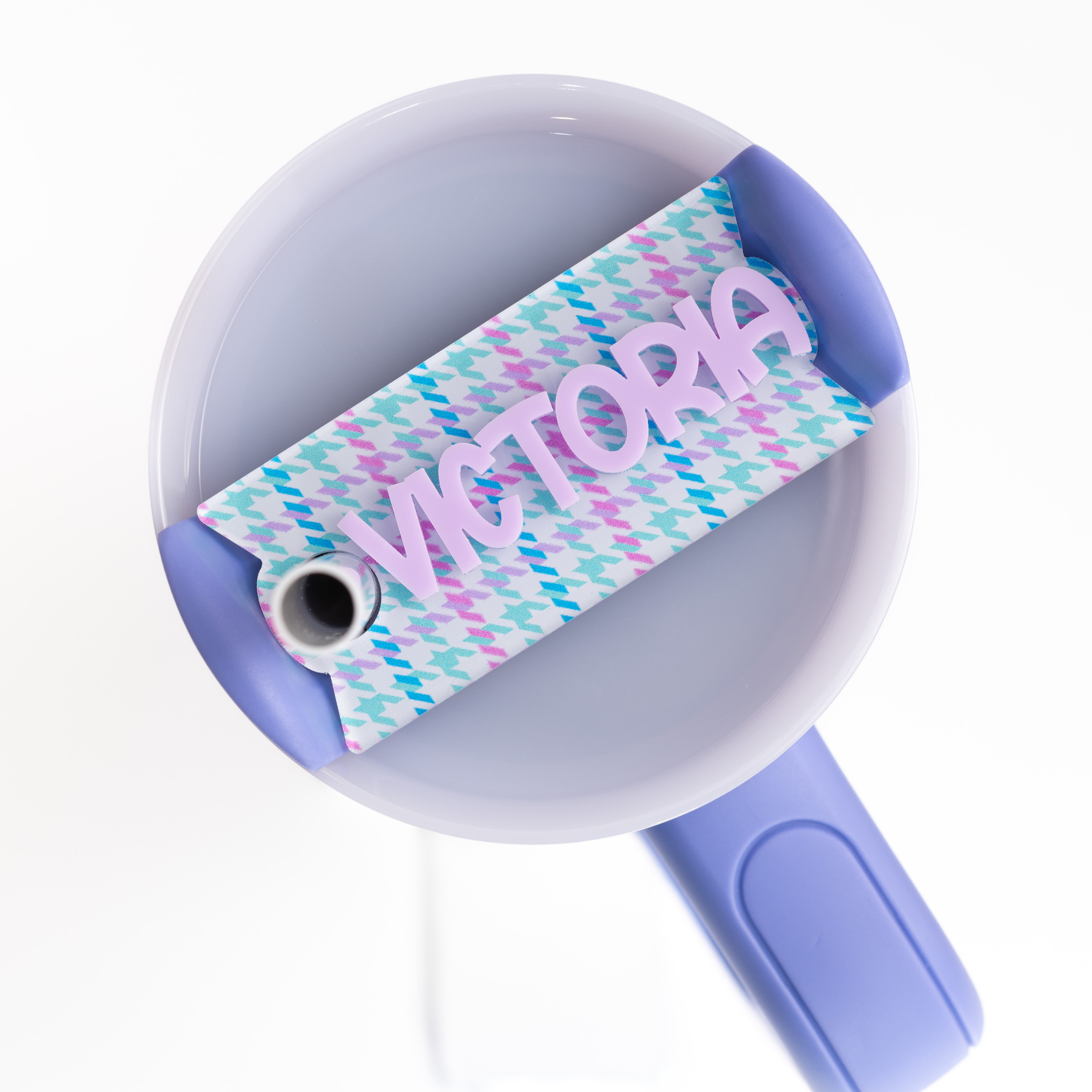 Topper Tag snapdragon sparkle design for Stanley Quencher showing custom name tag attachment