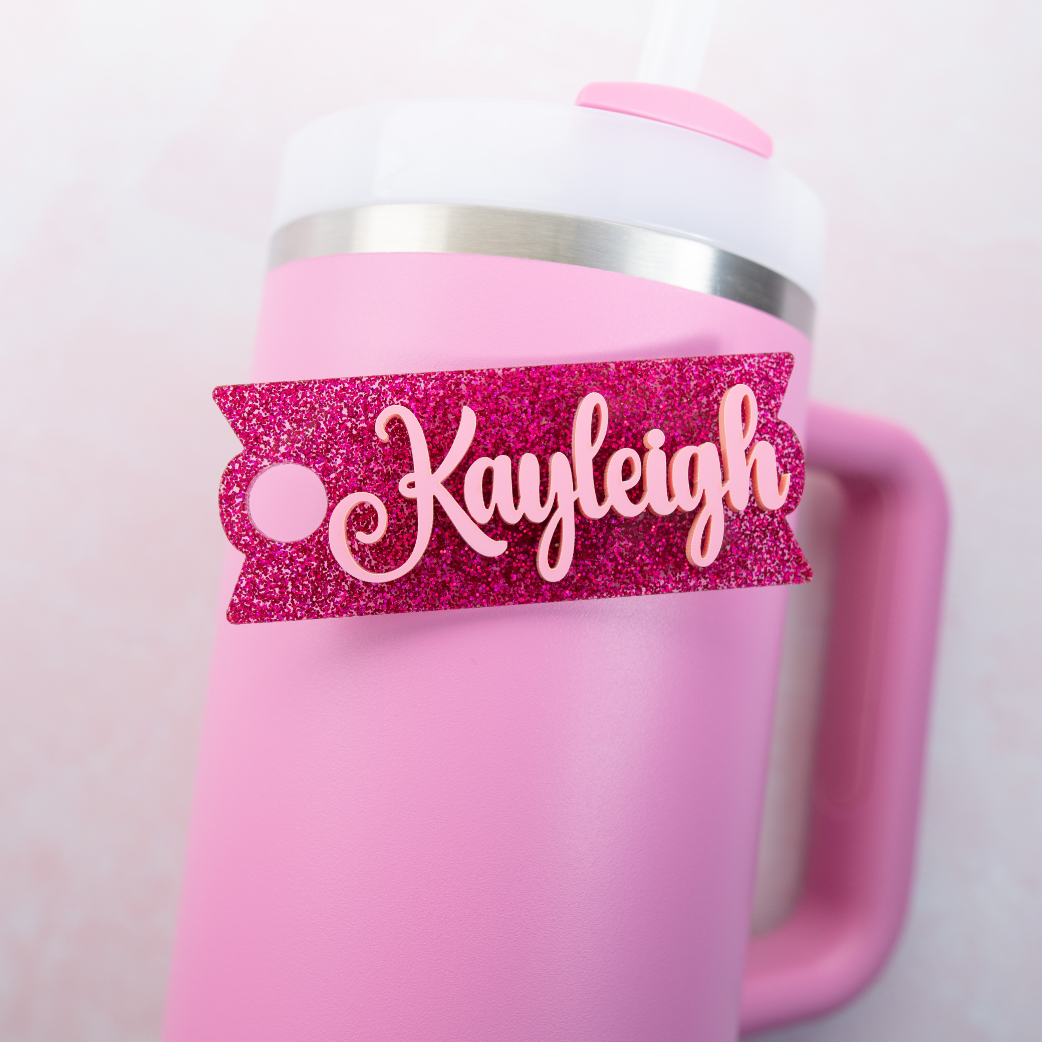 Topper Tag perfect pair for Stanley Peony Quencher showing custom name tag attachment