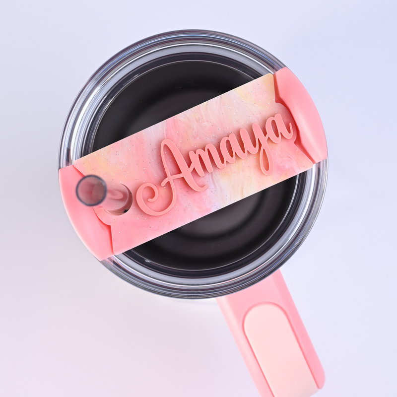 Topper Tag perfect pair Stanley Pink Mesa Quencher showing custom name tag attachment that reads "Amaya"