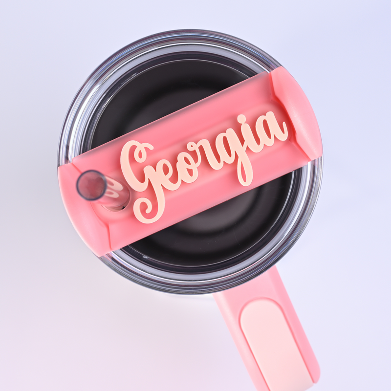 Topper Tag perfect pair Stanley Pink Mesa Quencher showing custom name tag attachment that reads "Georgia"