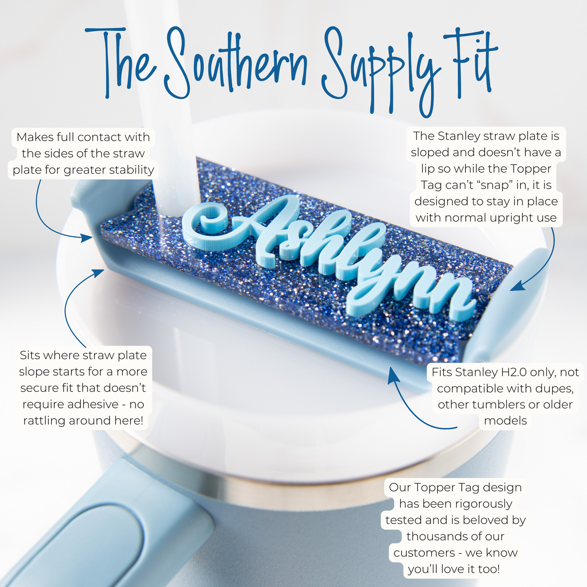 Southern Supply Topper Tag fit info graphic showing how snug and secure the topper tag fits onto the stanley quencher lid