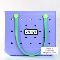 Personalized boggy button Custom Tote Bag Charm attached to a bogg bag with black boggy button