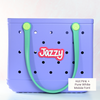 Personalized boggy button Custom Tote Bag Charm attached to a bogg bag with hot pink boggy button