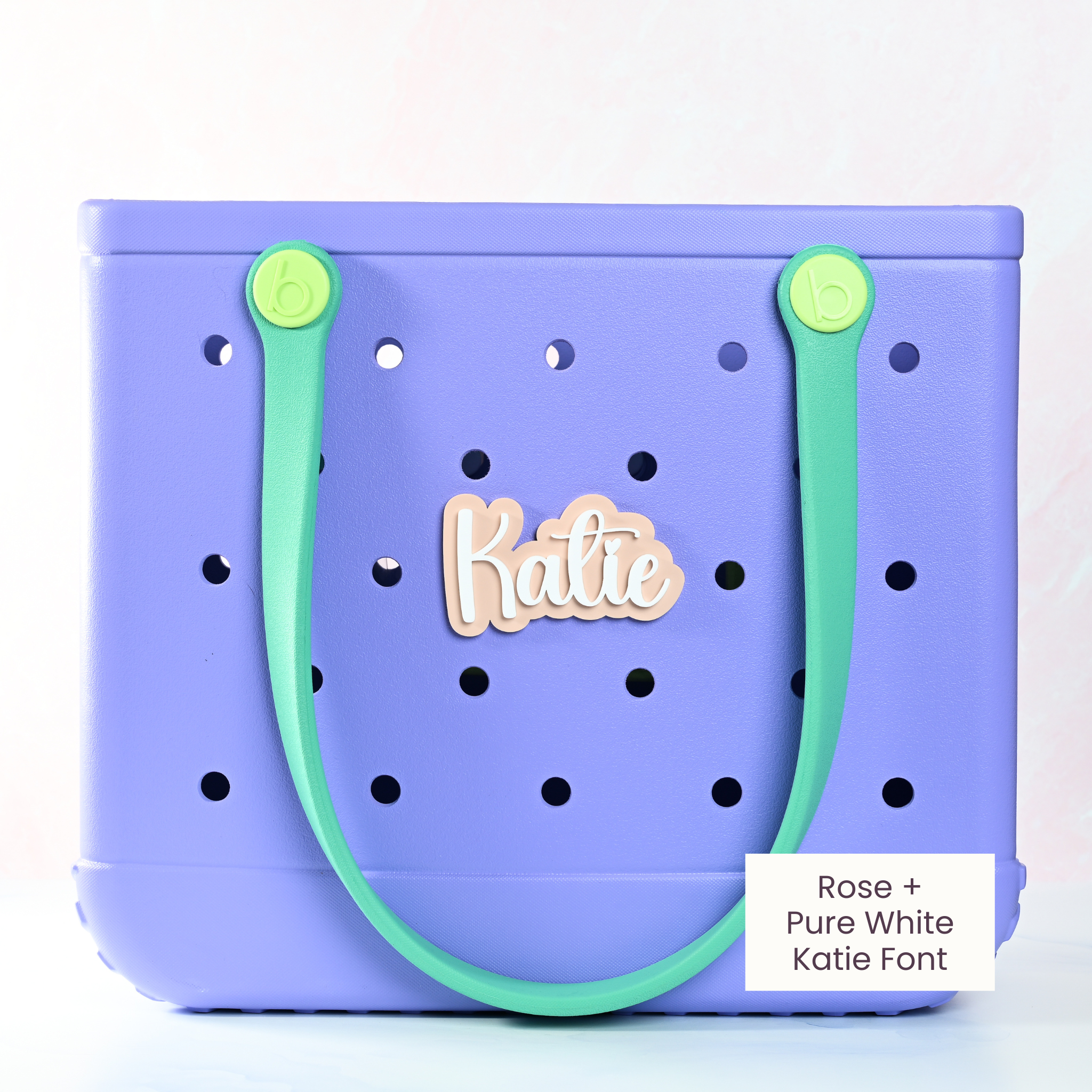 Personalized boggy button Custom Tote Bag Charm attached to a bogg bag with rose boggy button
