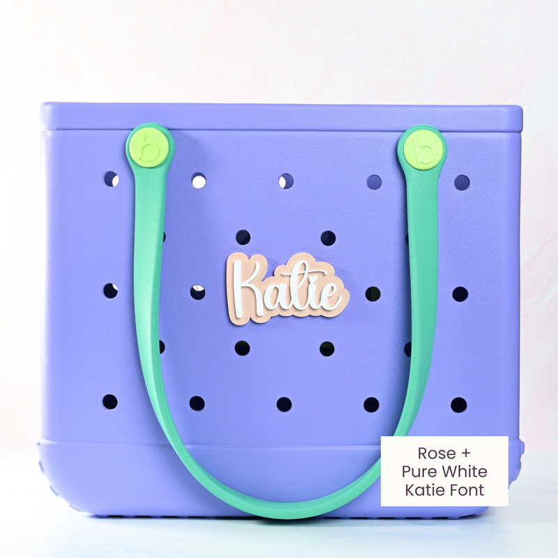 Personalized boggy button Custom Tote Bag Charm attached to a bogg bag with rose boggy button
