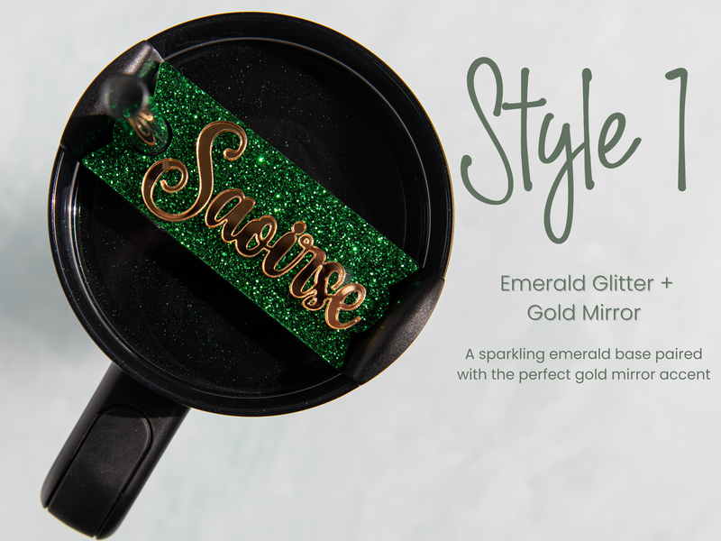 Topper Tag perfect pair Stanley shamrock green Quencher showing custom name tag attachments