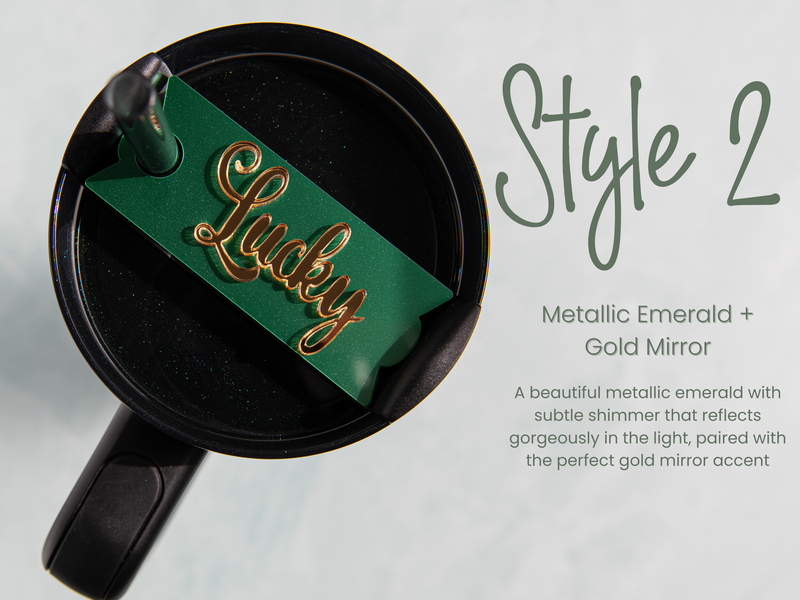 Topper Tag perfect pair Stanley shamrock green Quencher showing custom name tag attachments