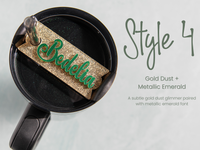 Topper Tag perfect pair Stanley shamrock green Quencher showing custom name tag attachments